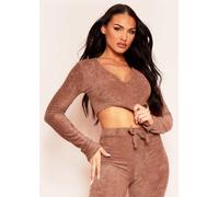 Missy Empire Towelling Plunge Neck Long Sleeve Crop Top Moka 14 (L) Female