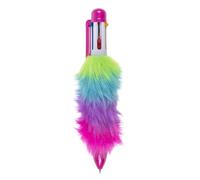 Mister Curiosities Stylo fourrure arc-en-ciel - Stylo pompon peluche multicolore - Écriture 6 couleurs, bleu, rouge, jaune, vert, violet et noir