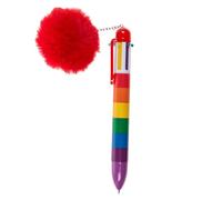 Mister Curiosities Stylo multicolore 6 couleurs arc-en-ciel avec un pompon rouge tout doux - Stylo bille joyeux et décoratif pour trousse, un cadeau original pour un anniversaire