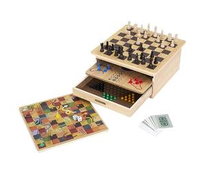MISTER GADGET - MG3477 Coffret 10 Jeux de Société en Bois - Échecs - Dame - Petits Chevaux - Jeu de l’Oie - Échelle et Serpent - Solitaire - Backgammon - Dame Chinoise - Poker - Dés - Awalé