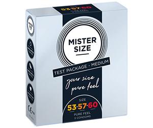 MISTER SIZE Préservatifs vraiment délicats (53-57-60 mm) Coffret d'essai - 3 unité/extra fin, extra fin, extra humide/en latex de caoutchouc 100% naturel dans votre taille XL "juste en or"