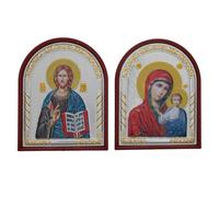 misticSparks Icône Marie avec Enfant et Jésus avec Bible - Cadre marron argenté 7,5 cm x 6 cm - Icône orthodoxe et catholique - Image en couleur émail - Autel de maison et cadeau - Avec support