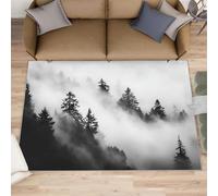 Misty Forest Tapis de salon - Grand tapis lavable et antidérapant et doux pour chambre à coucher - Motif forêt de montagne - Noir et blanc - 160 x 200 cm