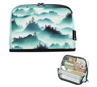 Misty Green Mountains Trees Trousse à crayons avec fermeture éclair Grande trousse à crayons Trousse de rangement mignonne Pochette à crayons pour filles Personnalisé Enfants Rentrée scolaire