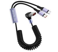 MISYNLON Câble répartiteur USB C spiralé à 90 degrés USB A vers double USB C Câble de charge rapide Multi 2 en 1 Cordon à ressort de type C Synchronisation des données, pour ordinateur portable IP 15