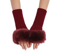 Mitaine Laine Femme courts en peluche pour femmes, automne et hiver, joli poignet tricoté en laine, chauds sans doigts Gan s Tulle Noire (Red, One Size)