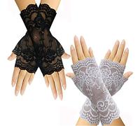 Mitaines courtes en dentelle pour femme - Gants Mitaine - Pour poignet de mariée - Pour soirée d'opéra, mariage, thé, bal de promo, cosplay, années 1920, Gants Noir+Blanc, Medium