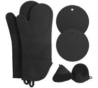 Mitaines De Four Ensembles de Gants Four et Porte-casseroles Extra Longs, Cuisine en Silicone résistants à la Chaleur, Coussinets Chauds, maniques(Black)