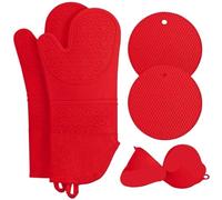 Mitaines De Four Ensembles de Gants Four et Porte-casseroles Extra Longs, Cuisine en Silicone résistants à la Chaleur, Coussinets Chauds, maniques(Red)