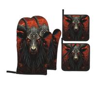Mitaines de Four et Porte-casseroles 4 pièces Ensemble de Coussinets Chauds Gants de Cuisine Cuisson Griller Barbecue - Diable Satan Cornes de chèvre Pentagramme Rouge