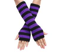 Mitaines longues en crochet pour filles - Demi-doigt - Garde au chaud - Moufles rayées pour femme - Fournitures d'hiver - Mitaines pour homme pour femme - Chaud - Punk gothique rock, noir/violet