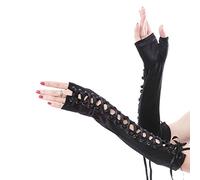 Mitaines longues pour femme - Longueur du coude - Ruban à lacets croisés - Pour discothèque, danse, gothique, cosplay, mitaines de guerre - Longueur poignet - Moufles élastiques, Noir , taille unique