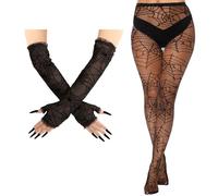 Mitaines noires d'Halloween avec collants en toile d'araignée pour femme, gants en dentelle en toile d'araignée, chauffe-bras, accessoires de costume de sorcière d'Halloween, chaussettes hautes au