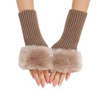 Mitaines sans doigts pour femme avec fausse fourrure - Mitaines d'hiver chaudes - Mitaines courtes tricotées au poignet - Mitaines pour femme - Mitaines pour mariage, kaki, taille unique