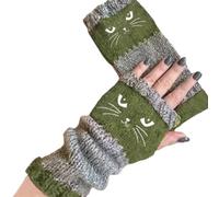 Mitaines tricotées pour femmes sans doigts avec mignonne broderie de chat, gant chaud vintage de Noël avec broderie de chat pour cadeau d’hiver, Vert, taille unique