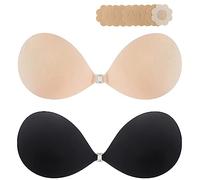 MITALOO - Soutien-gorge push-up adhésif invisible sans bretelles dos nu pour femme avec cache-tétons noir et beige