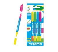 Mitama FLUO TWICE - Surligneurs double pointe couleurs fluo - Lot de 4 couleurs assorties - Longueur 12,5 cm - Couleurs scolaires, surligneurs scolaires