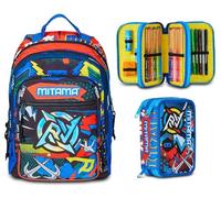 Mitama Sac à dos scolaire triple compartiment avec poche frontale bleue et orange enfant + trousse 3 compartiments avec crayons feutres enfant, bleu, Taglia unica