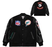 Mitchell & Ness NFL Blackout Veste universitaire rétro | Miami Dolphins | Taille L, Noire, manches en PU, écussons et broderies de haute qualité sur la poitrine et les manches, poignets côtelés