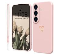 Mitetabo Coque de protection en silicone pour Samsung Galaxy S24 5G avec cœur d'amour doré, fin, résistant aux rayures, protection complète pour Samsung S24, rose