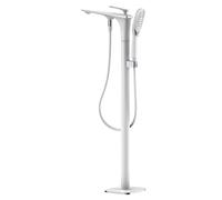 Mitigeur Baignoire avec Douche à Main 2 Modes Sur Pied Robinet pour Baignoire Ilot Mitigeur Douche en Cuivre,Blanc + Chromé