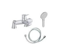 Mitigeur baignoire Eo Chromé avec pommeau Metro, flexible lisse et colonnettes ANQUIER