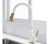 Mitigeur Cuisine avec Douchette Extractible, Robinet Cuisine Extractible Acier Inoxydable Rotation 360° Eau Froide et Chaude Multifonction Robinet de Cuisine-Blanc + Or