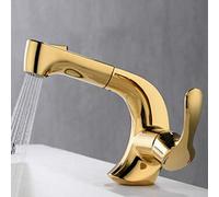 Mitigeur de lavabo avec douchette extractible, robinet salle bain en laiton, eau chaude et froide, monotrou, doré(Gold)