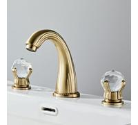 Mitigeur de Lavabo Robinet Mitigeur de Salle de Bain Style Rétro 3 Trous 2 Poignées Poignée En Cristal Eau Chaude/Froide Finition Or Brossé