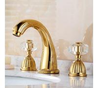 Mitigeur de Lavabo Robinet Mitigeur Lavabo 2 Poignées 3 Trous Style Rétro Couleur Or avec Poignée En Cristal