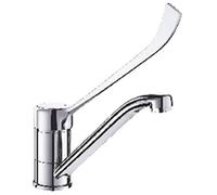 Mitigeur d'évier à bec haut orientable, bec en laiton chromé H145 avec levier médical coudé L220 Réf 2210L