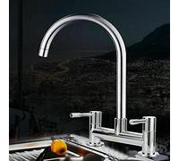 Mitigeur d'évier de cuisine, 2 trous 1/4 de tour à double levier chromé, robinet de cuisine moderne, bec pivotant à 360°, robinet de lavabo en laiton, centres de 180 mm, fixations standard