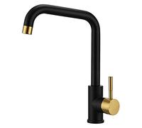 Mitigeur d'évier de cuisine monobloc de style moderne rectangulaire à bec pivotant à 360° - Mitigeur monocommande noir mat et or brossé