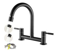 Mitigeur d'évier de cuisine, pont mélangeur 2 trous avec centres de 180 mm, robinet monté sur le plateau, tuyaux G1/2, double levier 1/4 de tour, bec pivotant à 360°, laiton, noir mat