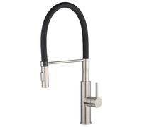 Mitigeur d'évier en inox LUNDA à bec haut flexible, douchette bi-jet, finition inox brossé EUROSANIT