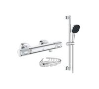 Mitigeur douche thermostatique Precision Feel + Ensemble de douche 2 jets avec barre + Panier porte-savon