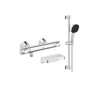 Mitigeur douche thermostatique Precision Flow + Ensemble de douche 2 jets avec barre + Panier douche