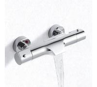 Mitigeur Thermostatique Bain Douche Bec Cascade, Mitigeur Baignoire Thermostatique en Laiton, Robinet Baignoire avec Bouton de Sécurité à 38℃, Robinet de Douche avec 2 Sorties, Entraxe 150mm