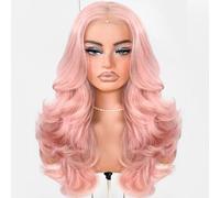 MITIMES Perruque de cheveux volumineux en couches de plumes pré-épilées pré-coupées avec précision Prête à l'emploi sans colle 33 x 15 cm Perruque synthétique HD Rose pastel