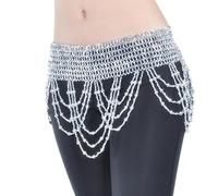 MITINGER Ceinture Danse Orientale Femmes Bellydance Vêtements Tassel Hand Scarf Belly Dance Elastic Courroie enveloppée avec Or/Argent Franges perlées(Silver Cross Beads)