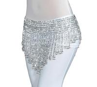 MITINGER Ceinture Danse Orientale Femmes Bellydance Vêtements Tassel Hand Scarf Belly Dance Elastic Courroie enveloppée avec Or/Argent Franges perlées(Silver Small Bells)