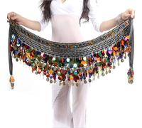 MITINGER Ceinture Danse Orientale Foulard de Danse du Ventre for Femme, Jupe Portefeuille à Paillettes Scintillantes, Costume de Danse du Ventre(Black with Colorful Coins+Colorful Gemstone)