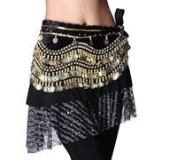 MITINGER Ceinture Danse Orientale Foulard de Danse Orientale for Femme, Forme ondulée, avec pièces d'argent, Jupe de Danse Orientale for Zumba, Noir(Black-Gold)