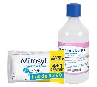 Mitosyl Lingettes à l'eau lot de 5 paquets + Care+ Flacon Sérum physiologique 500 ml