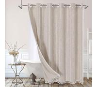MitoVilla Pas de crochets nécessaires Rideau de douche rustique de style rustique avec doublure à clipser en coton et lin avec pompons pour décoration de salle de bain rustique et neutre, 183 x 188 cm