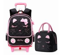 MITOWERMI Sac à dos à roulettes pour filles - Sac à dos à roulettes avec motif tête de chat - Bagages de voyage, 2 roues noires + boîte à lunch, Lot de 2 sacs à dos à roulettes
