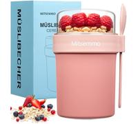 Mitsemmo Bol muesli a emporter avec cuillère,560 ml + 230 ml Gobelets à Céréales,Pot de yaourt en plastique,Pot petit dejeuner porridge Salade Bols avoine overnight oats jar(Rose)