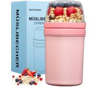 Mitsemmo Bol muesli a emporter avec cuillère,600 ml + 270 ml Gobelets à Céréales,Pot de yaourt en plastique,Pot petit dejeuner porridge Salade Bols avoine overnight oats jar (Rose)