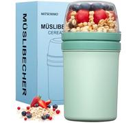 Mitsemmo Bol muesli a emporter avec cuillère,600 ml + 270 ml Gobelets à Céréales,Pot de yaourt en plastique,Pot petit dejeuner porridge Salade Bols avoine overnight oats jar (Vert Nordique)