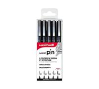 Mitsubishi Pencil - 5 Feutres d’Écriture et de Dessin Uni-Pin - Pochette Pointes Calibrées Impaires Très Fines à Moyennes - Pour Écrire, Dessiner, Tracer, Encrer - Encre Noire